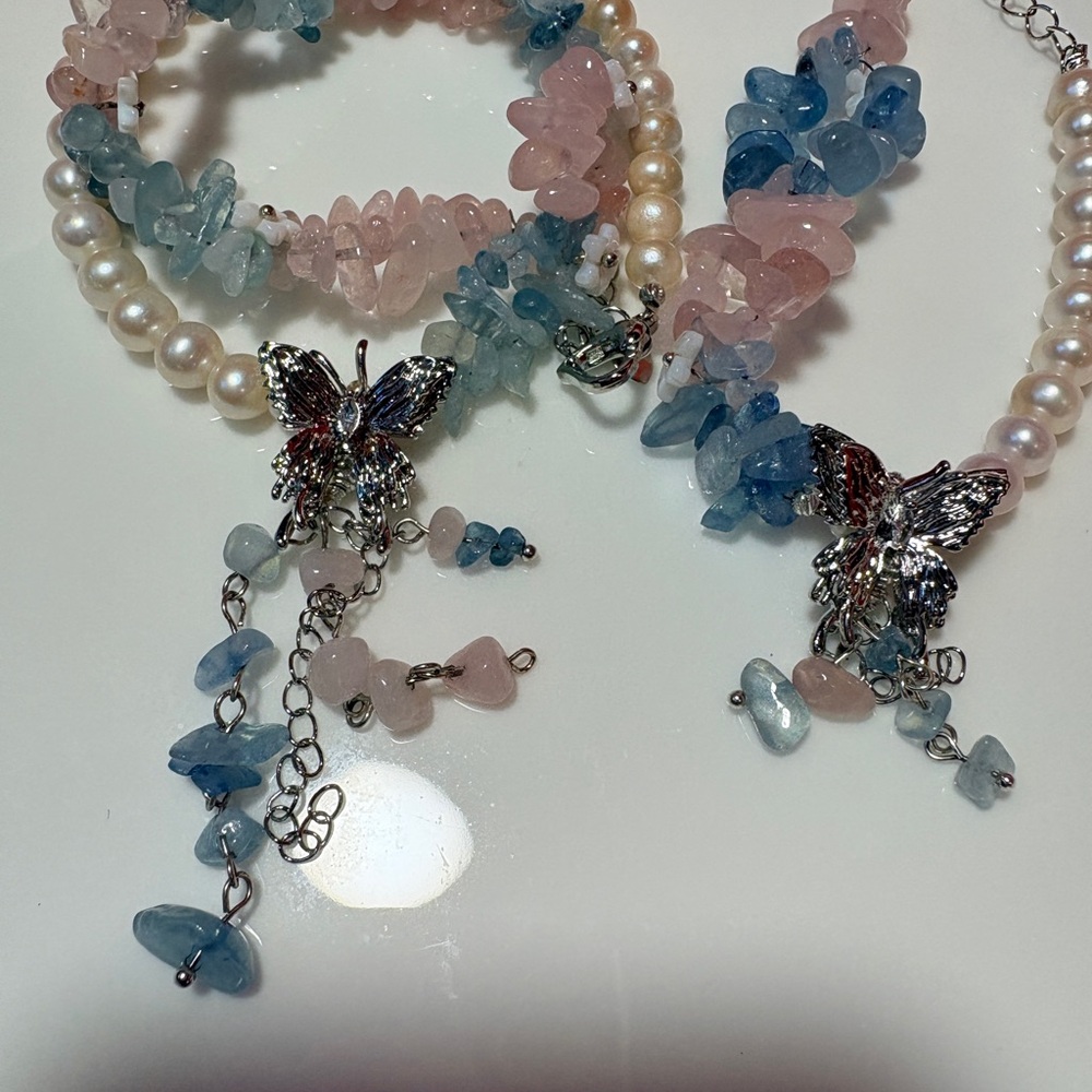 Elegant Butterfly Freshwater pearl & Gemstone necklace & Bracelet Set pink blue